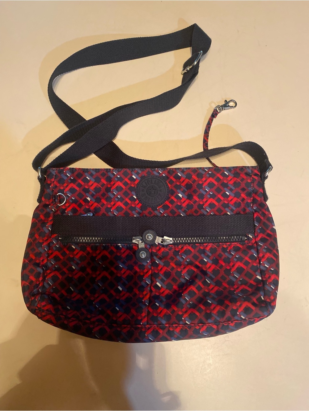 Kipling Red Patterned Crossbody with Black Strap